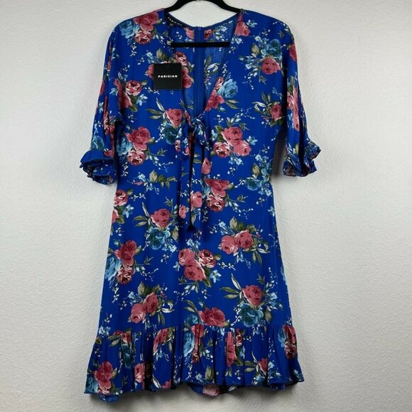 PARISIAN Dresses & Skirts - PARISIAN Floral Dress Womens 10 Deep V-Neck 1/2 Sleeve Ruffled Crinkle Mini Blue
